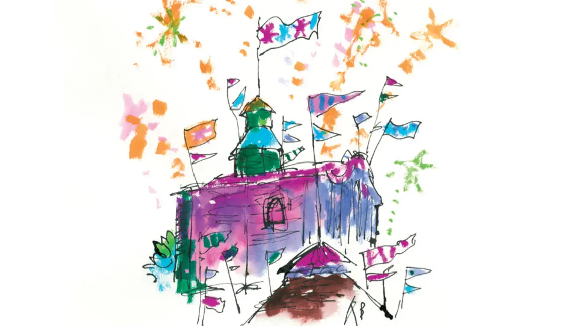Colourful illustration of water works building with celebration fireworks drawn by Quentin Blake