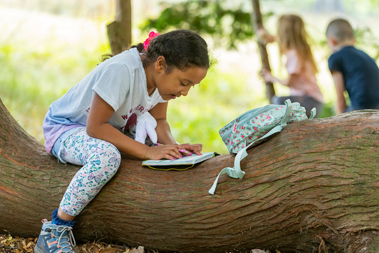 Child sat on a fallen tree in a park, writing in a book