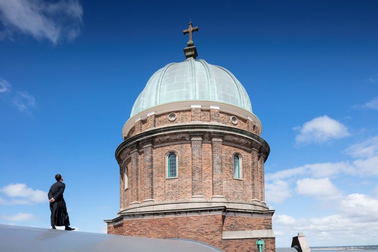 A person stands on the roof of the Church of Saints Peter and Paul and Saint Philomena and inspects the newly conserved dome