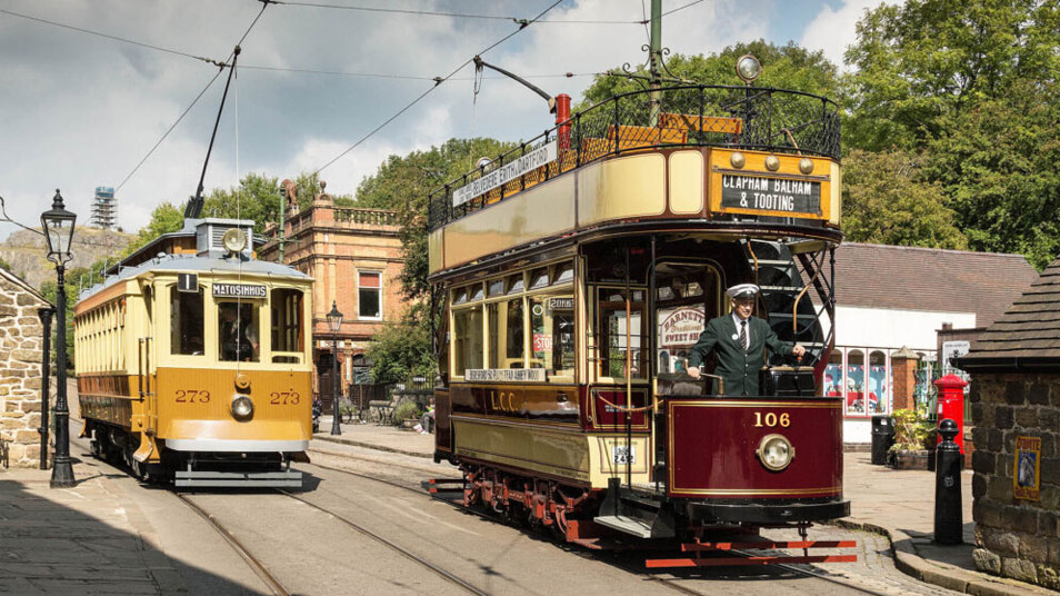 Two vintage trams on the village tramway