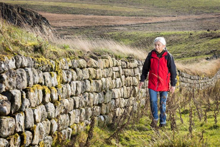 A person walks alongside part of Hadrian's Wall in Northumberland