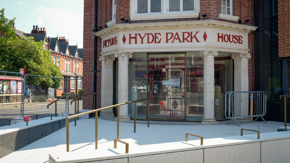 The front of the cinema with an accessible ramped entrance