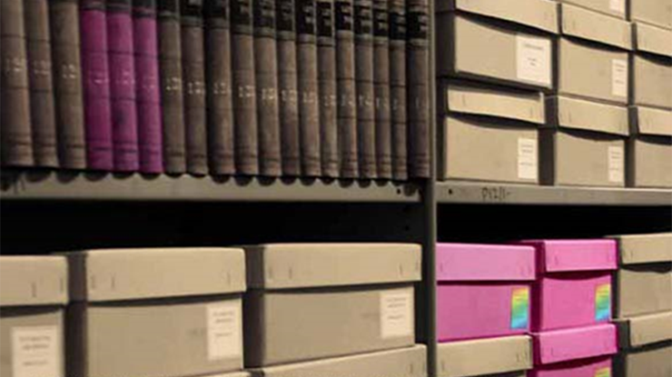 Archive books and boxes on shelves with some coloured pink.