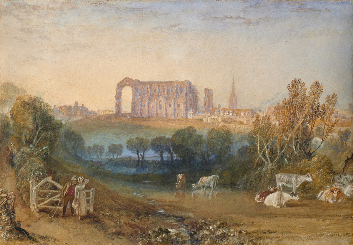 Painting showing two people by a country gate in the foreground and an abbey in the background