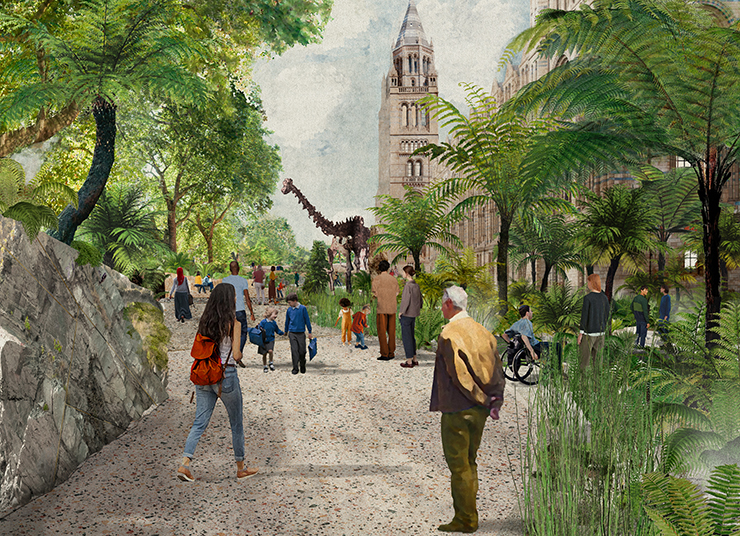 Rendering of the Urban Nature Project upon completion, people enjoying urban nature. Dippy, the Dinosaur cast, in the background