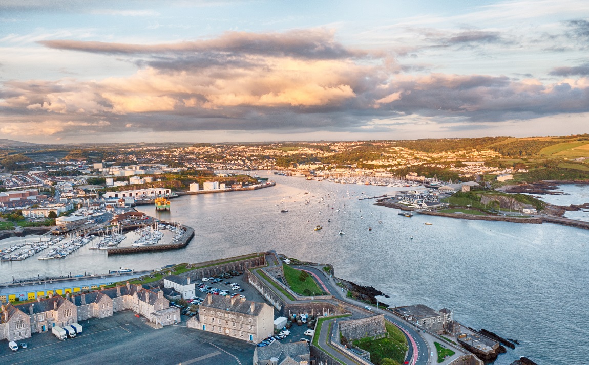 Aerial view of Plymouth's coastline and docks