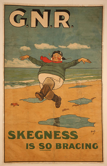 Poster showing fisherman frolicking on beach with words: "G.N.R. Skegness is so bracing"