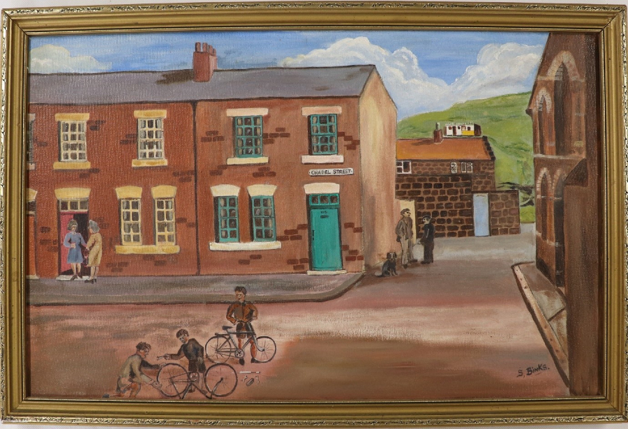 A painting by Stan Banks showing a village street scene with two boys playing on bicycles in the foreground.