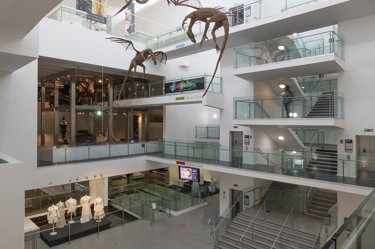 The main foyer of the Ulster Musuem with galleries visible in the background