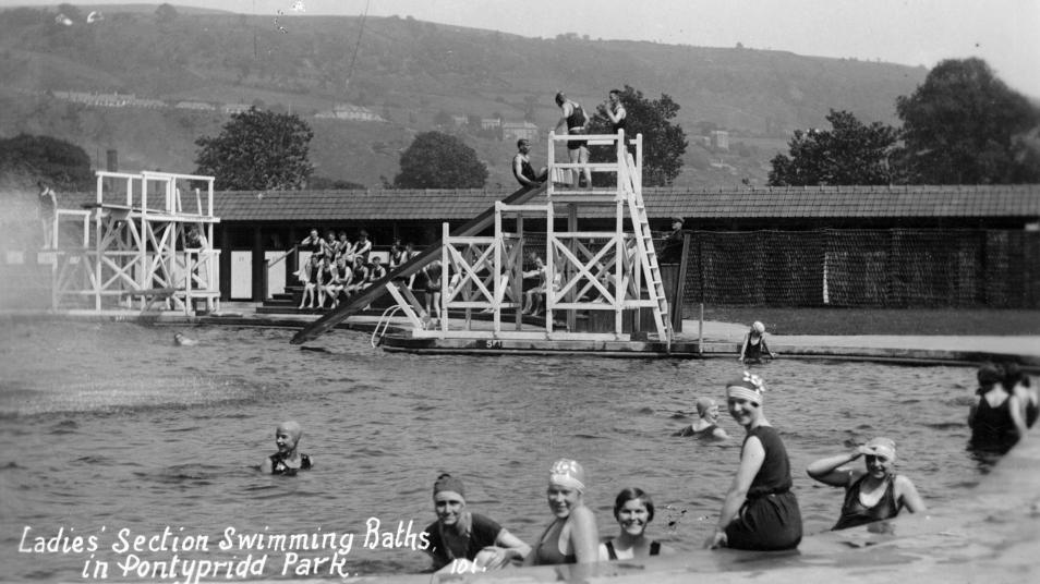 Old photo with text: Ladies' Section Swimming Baths in Pontypridd Park