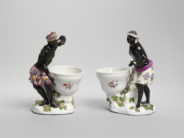 Dessert baskets, 1765–75. Two small painted porcelain dessert baskets with African figures and painted flowers on each