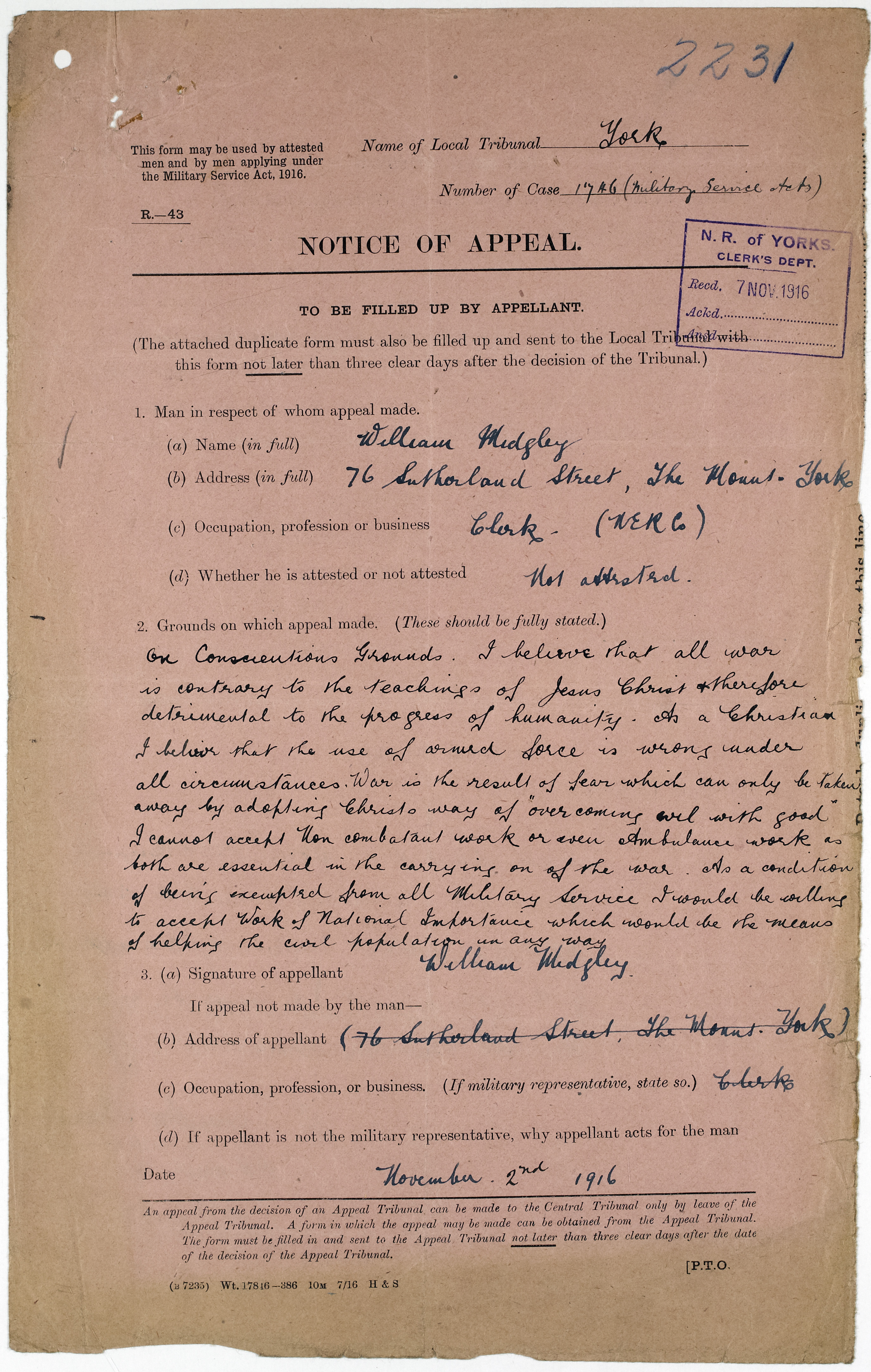 William Midgely's Notice of Appeal from 1916. William Midgely's Notice of Appeal from 1916.