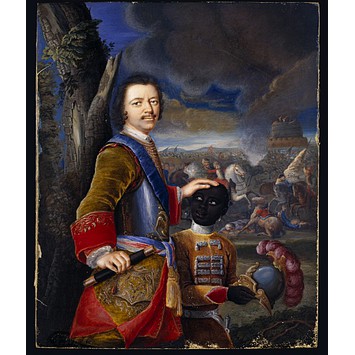 Peter the Great with a Page. By Gustav von Mardefeld Peter the Great with a Page, watercolour painting of possible Russian battleground showing Peter the Great with a young Black page .