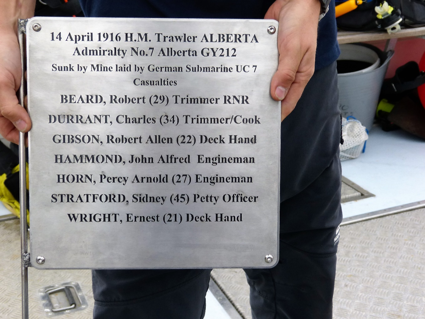 Changing lives: Linda pays tribute to great grandfather The memorial plaque placed on the wreck of the Alberta inscribed with the names of the men who died onboard