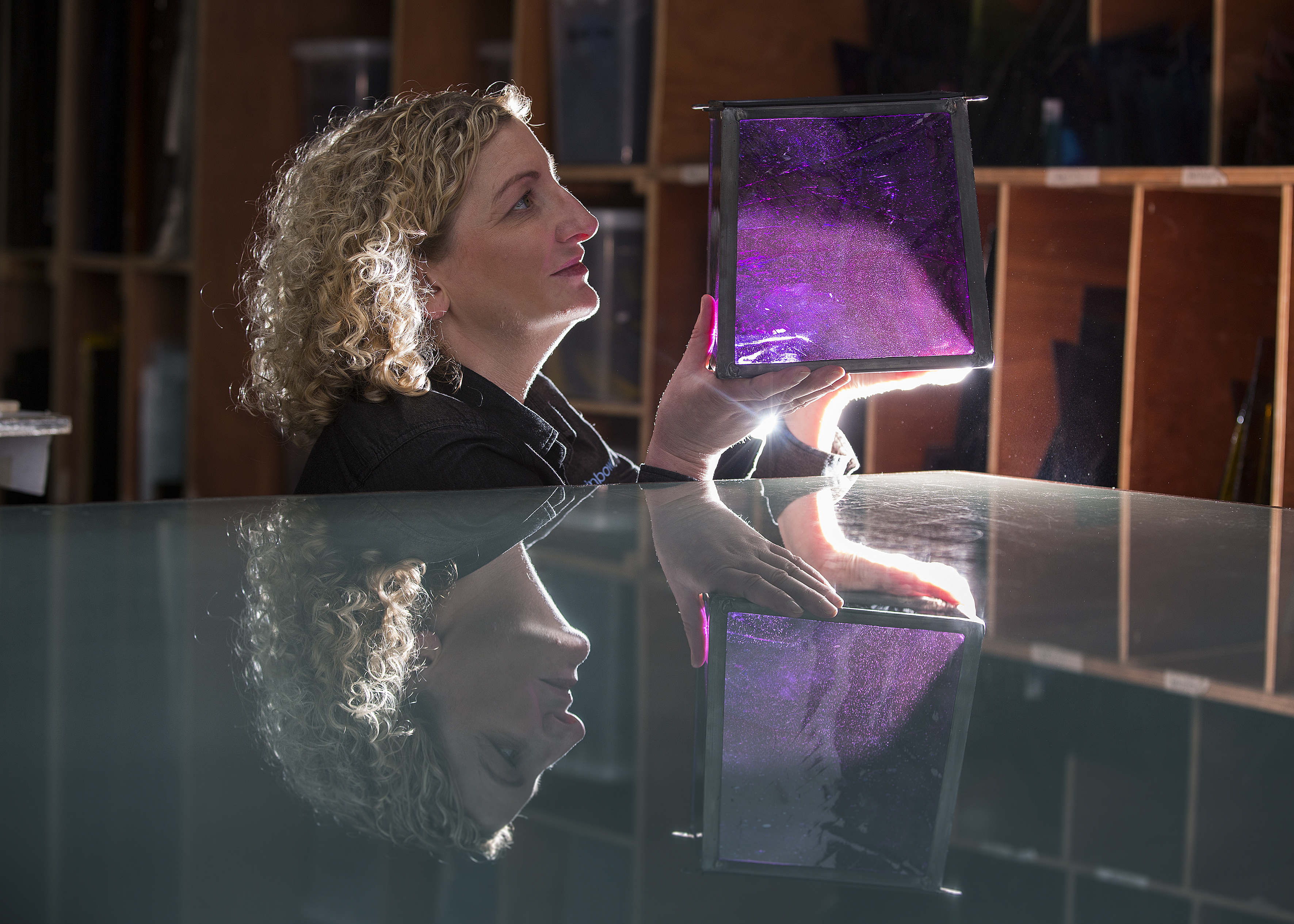 Moira Malcolm, Director of Rainbow Glass Studio, holds a replica glass lamp created for the Oak Room in V&A Dundee Moira Malcolm, Director of Rainbow Glass Studio, holds a replica glass lamp created for the Oak Room in V&A Dundee