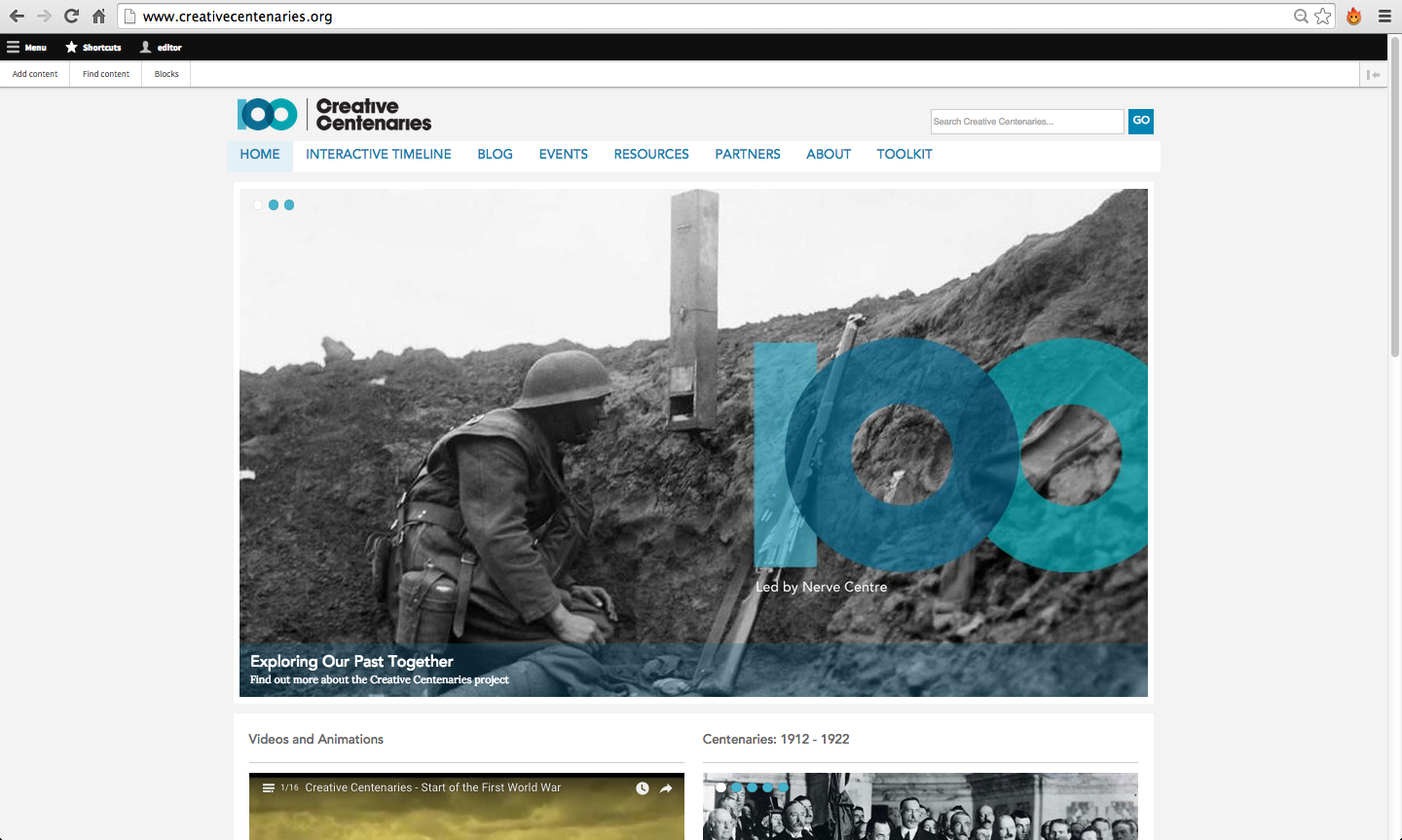 Homepage of the Creative Centenaries website Homepage of the Creative Centenaries website