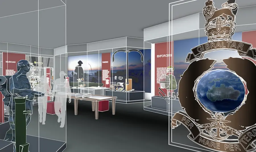 An artist's impression of a collection gallery. Visitors move through a gallery space of glass cases and display tables, showing items and uniforms from Royal Marines history.