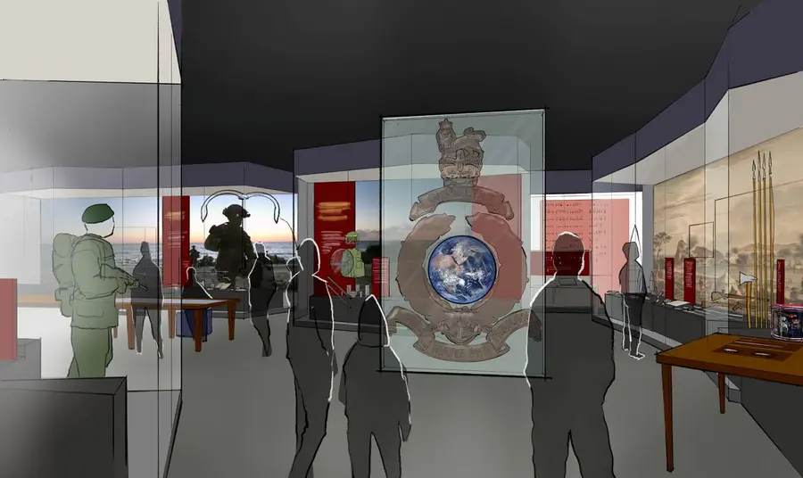 An artist's impression of one of the proposed exhibition galleries. Visitors explore an exhibition gallery displaying items and uniforms from the Royal Marines collection.