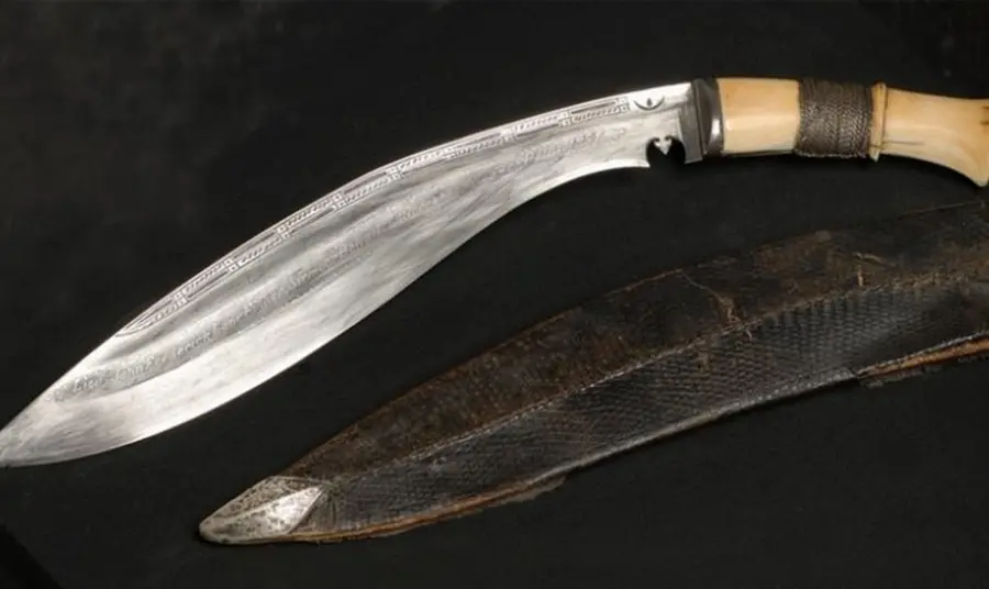 A khukuri, a long knife with a broad curved blade, which dates from the 1850s and belonged to Lieutenant Fisher