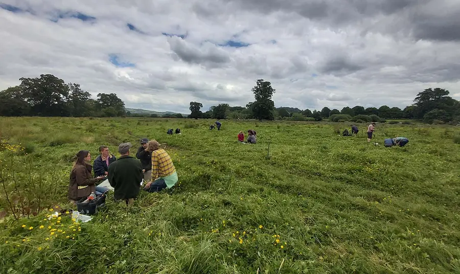 Groups of people sat on a field conducting tests.