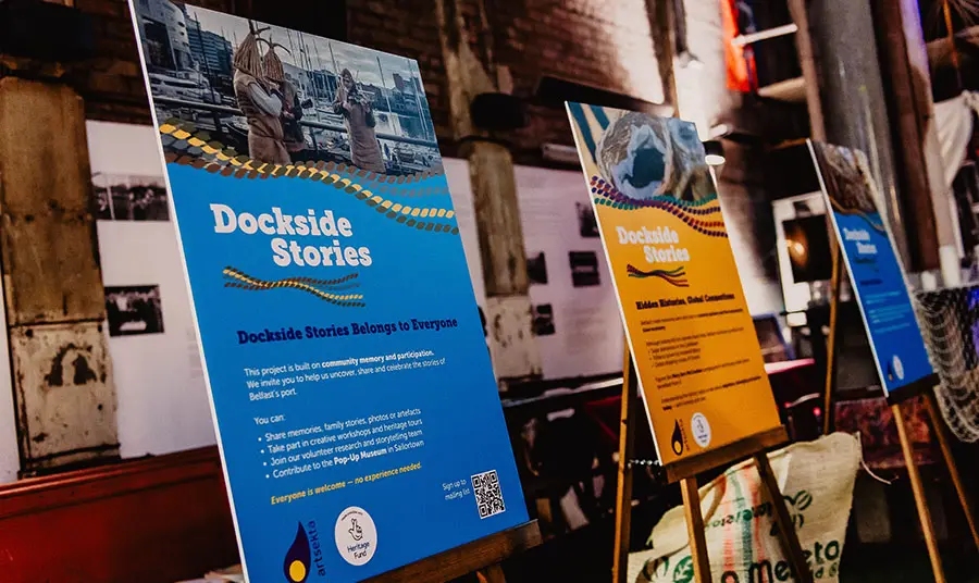 Three information boards displayed on easels