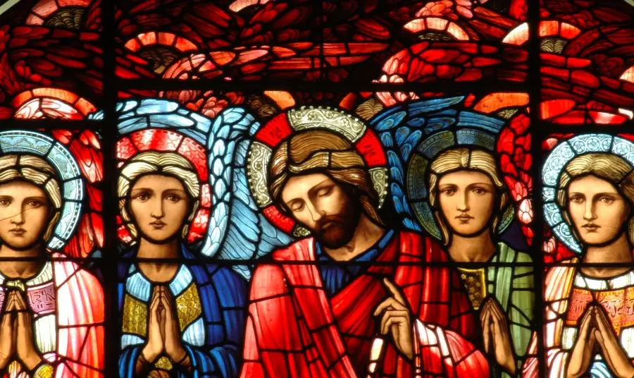 Detail from a Burne-Jones stained glass window at Birmingham Cathedral showing figures
