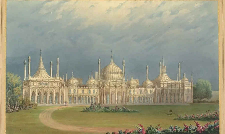 A painted view of the Brighton Pavilion. A painted view of the domes and towers of Brighton Pavilion, with the gardens in the foreground.