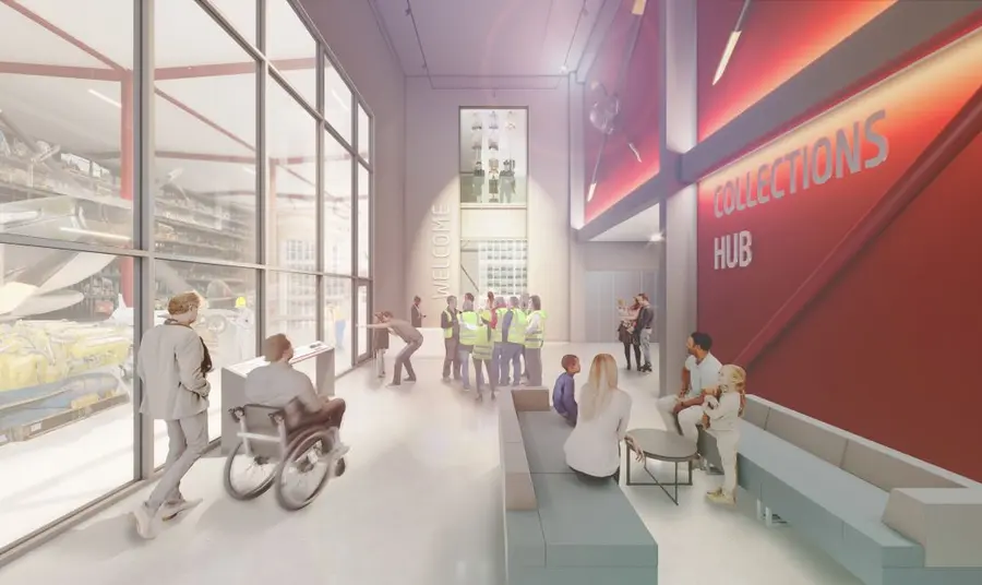 An artist's impression of the interior of the new Collections Hub. Visitors explore the large, bright reception space of the proposed Collections Hub. Through a glass wall to the left, the museum's collection of aircraft and aviation equipment can be seen.