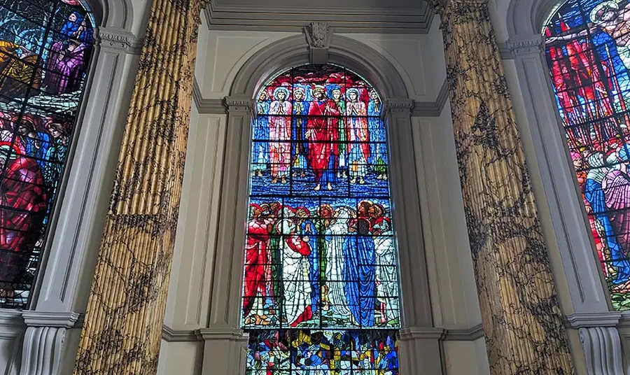 Stained glass windows inside a cathedral