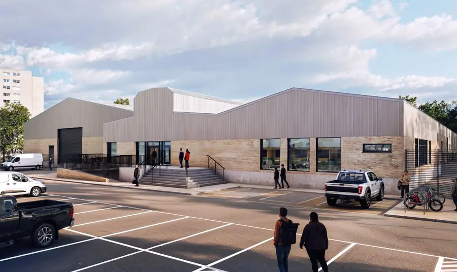 An artist's impression of the Lock 16 centre. An artist's impression of the Lock 16 skills centre, showing a large modern building with silver cladding.