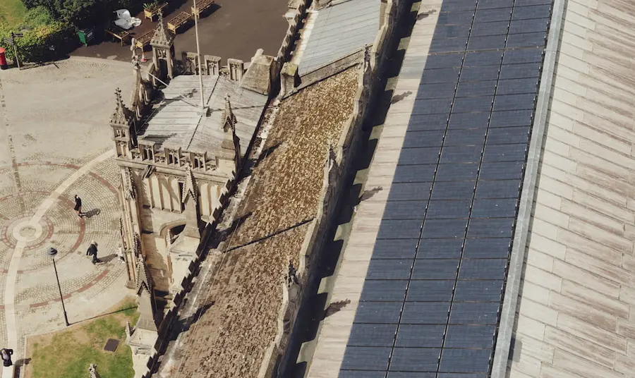 An overhead view of solar panels on the roof of Gloucester Cathedral