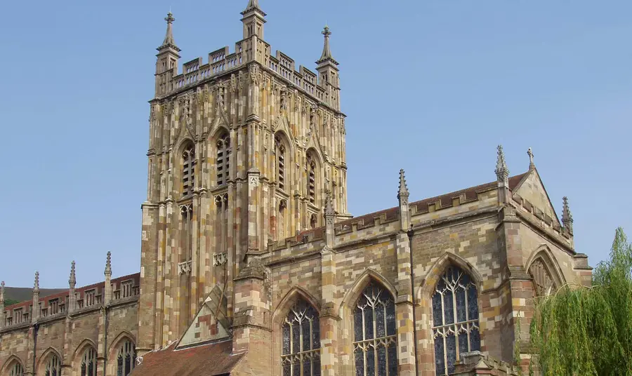 Exterior of Great Malvern Priory including Gothic tower
