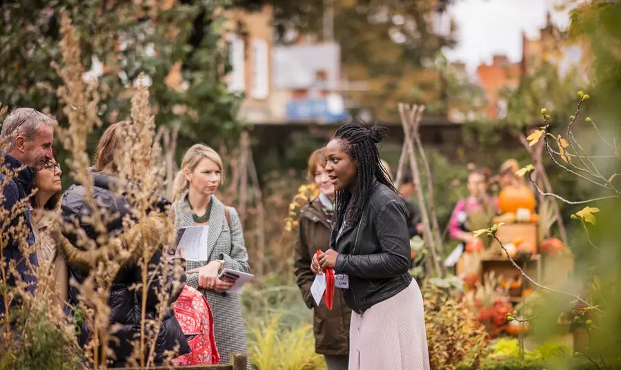 Person yn rhoi taith o ardd i grŵp o bobl. Credyd: Chelsea Physic Garden