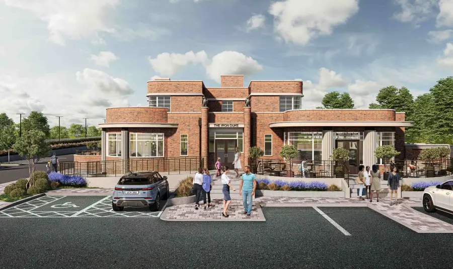 In a digital visualisation of the building's future, visitors arrive at the Iron Duke via a landscaped and planted car park, heading into a fully restored building.