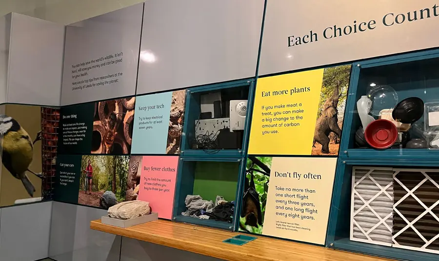 A collage of images and text about how to improve the climate on The Impact Wall in the Life of Earth gallery at Leeds City Museum