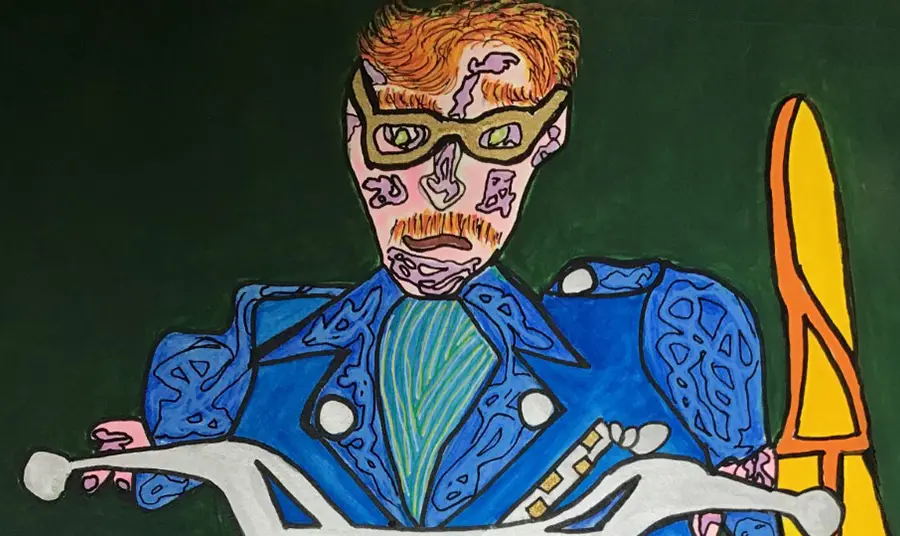 Detail of artwork by Cameron Morgan Artwork of head and shoulders of a person in a blue jacket