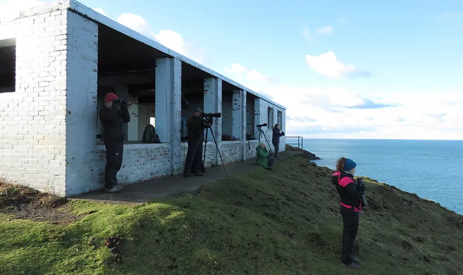 People looking out to see through lenses, from hut 