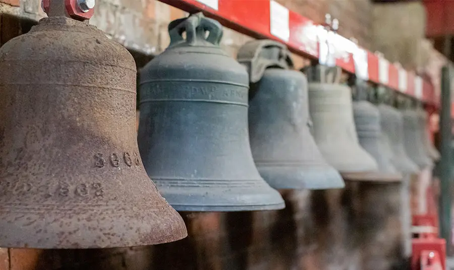 Taylor Bell Foundry Loughborough - row of bells created by the foundry