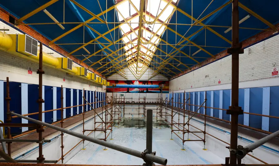 Inside Templemore Baths, scaffolding is visible and it looks run down