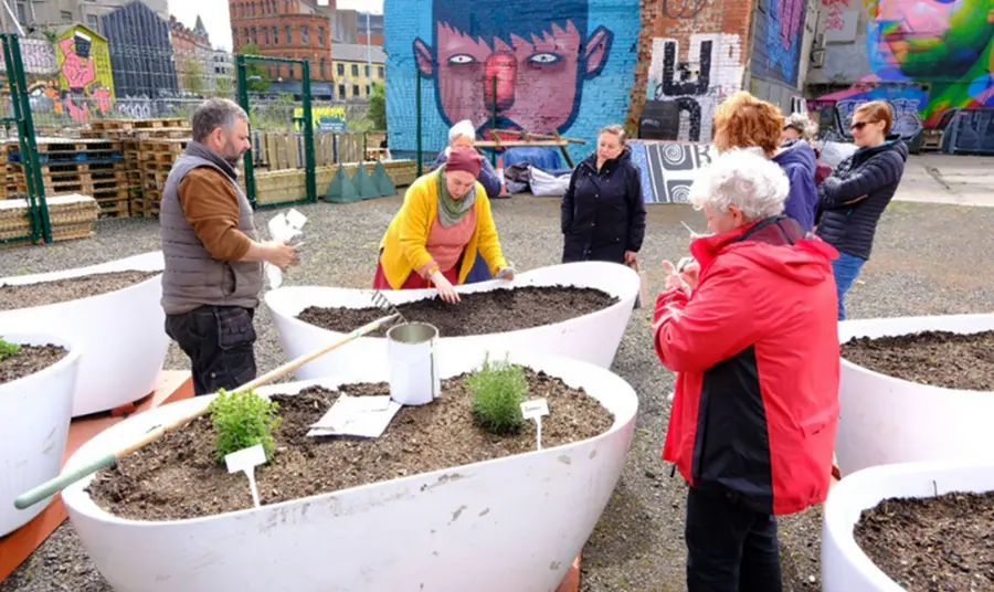 A group of volunteers gather around white bathtub-shaped planters during a planting session at the site