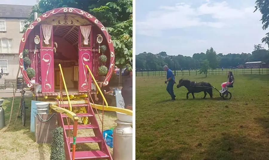 The left side of the image shows a traditional Traveller wagon, painted with decorative designs, and the right side of the image shows a man leading a pony and trap which a girl is riding