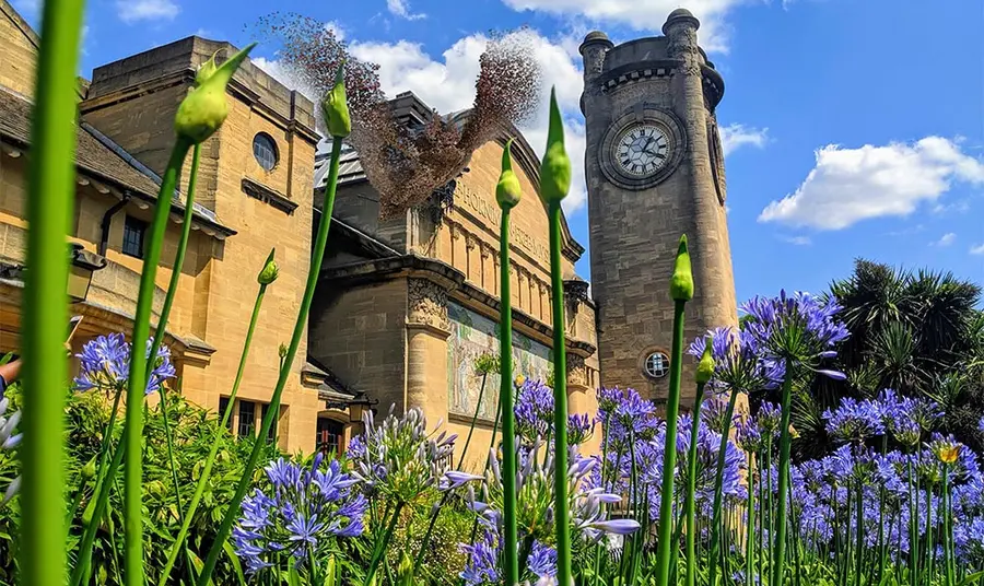 The Horniman Museum featuring a clock tower stands tall behind greenery
