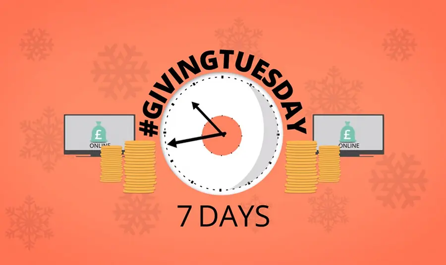 The Big Give Christmas Challenge 2019 is on! Design with computer screens, clock and coins and text Giving Tuesday 7 days