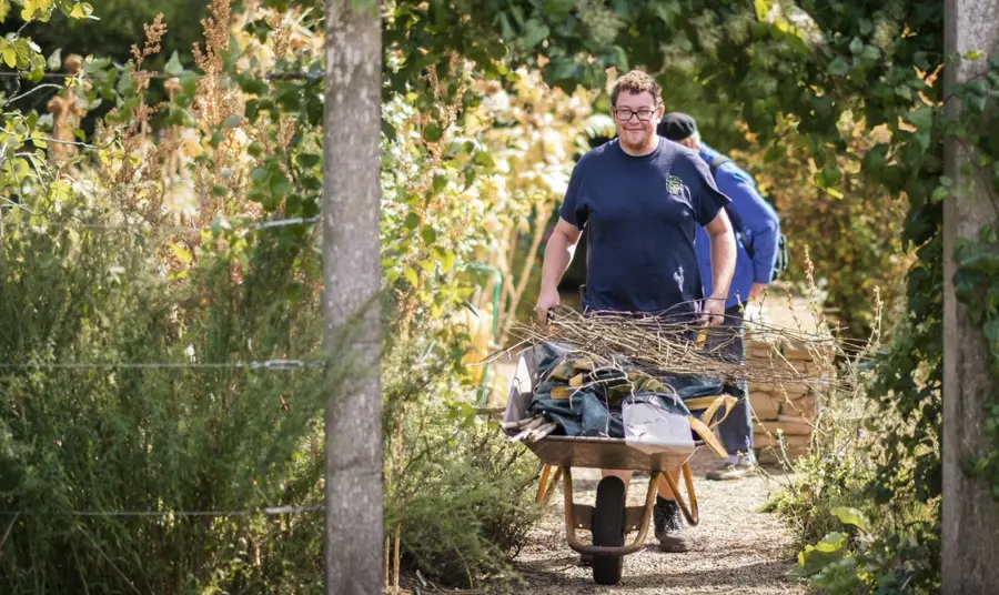 A volunteer with a wheelbarrow of debris, cleaning up the Chelsea Physic Gardens