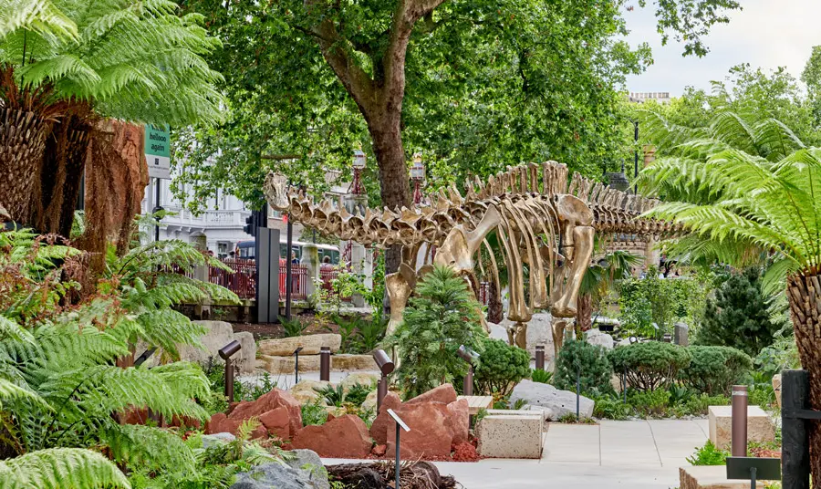 A life-size bronze cast of a dinosaur skeleton in the new gardens surrounding the building