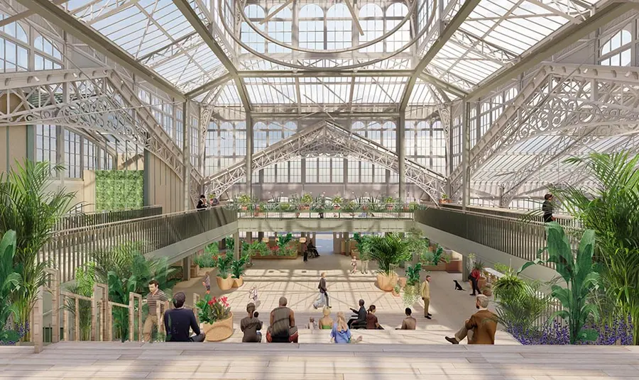 Computer render of the refurbished Winter Gardens: and iron and glass building with open spaces, lush plants and visitors.