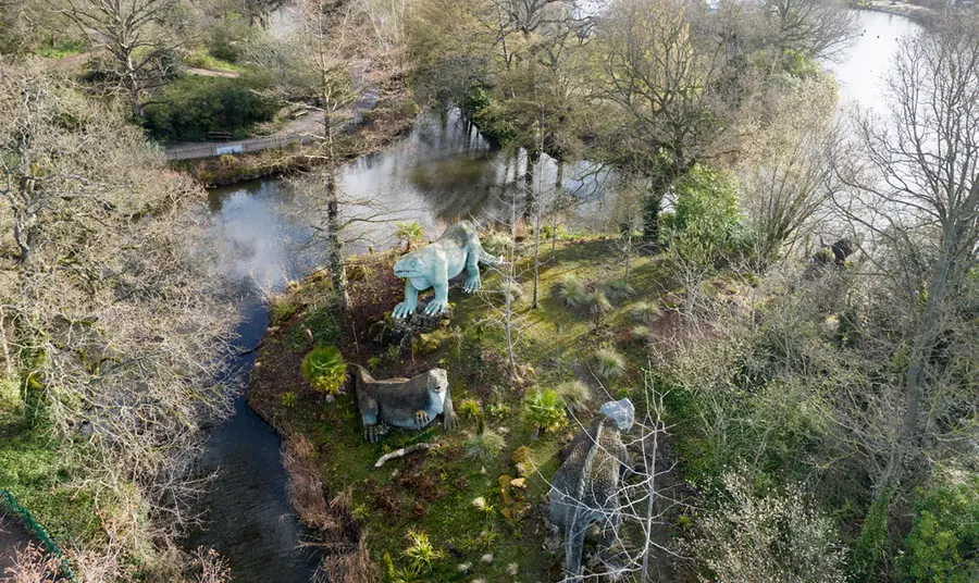 An arial view of Crystal Palace Park, including the dinosaurs
