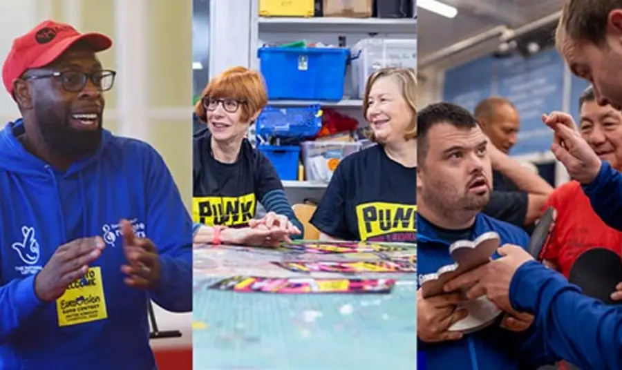 A collage of photos including a man clapping, two people sitting around a table and two people holding a national lottery award