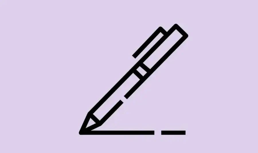 A graphic of a pen drawing an ink line across a purple background.