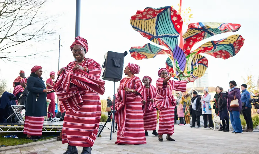 A group of people wearing Nigerian traditional clothes, celebrating the launch of Hibiscus Rising.